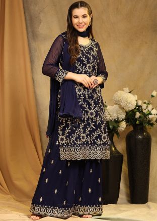 Navy Blue Embroidered Palazzo Suit In Georgette