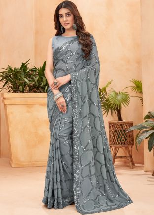 Grey Embroidered Saree In Georgette