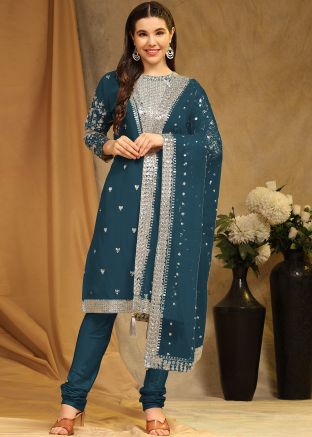 Teal Blue Sequins Work Salwar Kameez
