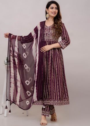 Wine Readymade Printed Anarkali Suit Set