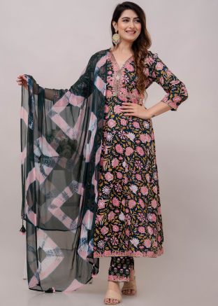 Teal Blue Floral Printed Readymade Anarkali Suit
