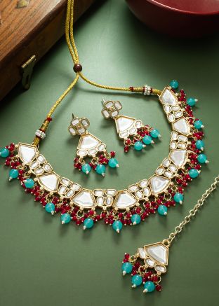 Red & Blue Kundan Studded Necklace Set