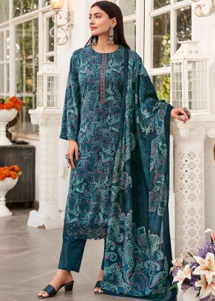 Blue Printed Suit Set In Velvet