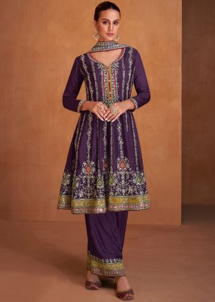 Purple Embroidered Chiffon Flared Palazzo Suit
