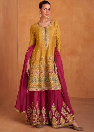 Yellow Embroidered Flared Sharara Suit Set