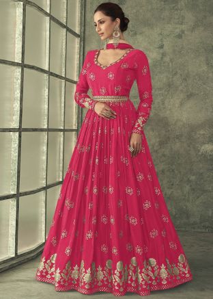 Pink Readymade Embroidered Anarkali Suit Set