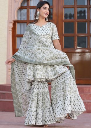 White Floral Printed Readymade Gharara Suit