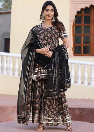 Readymade Black Floral Print Gharara Suit Set