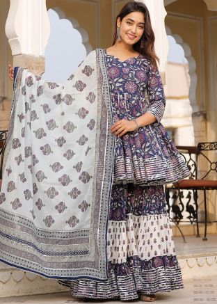 Navy Blue Readymade Floral Print Sharara Suit