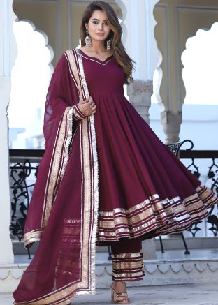 Wine Gota Work Readymade Anarkali Suit Set