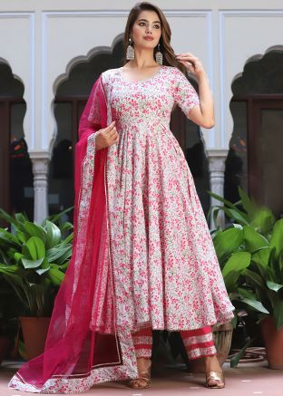 Readymade White Floral Printed Anarkali Suit