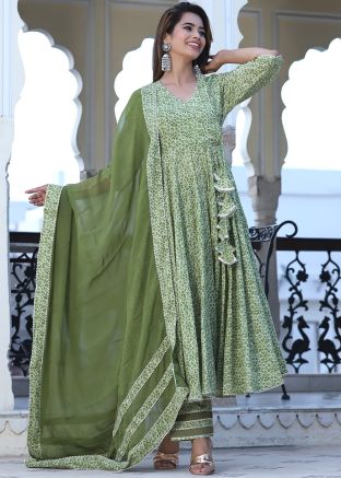 Green Readymade Printed Angrakha Style Suit