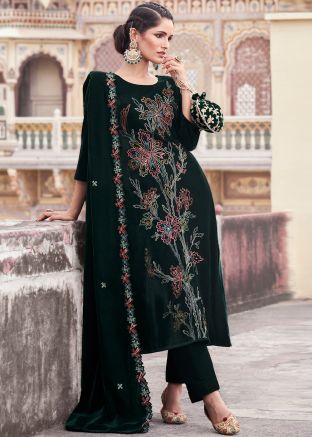 Green Thread Embroidered Velvet Pant Suit