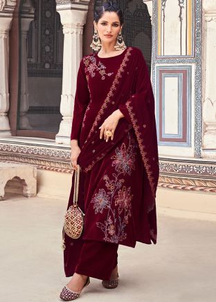 Maroon Thread Embroidered Velvet Pant Suit Set