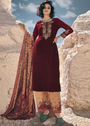 Maroon Embroidered Palazzo Suit Set