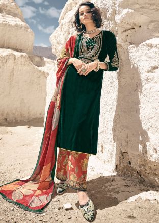 Green Embroidered Pant Suit In Velvet