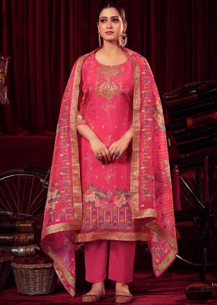 Pink Digital Floral Printed Pant Suit In Organza