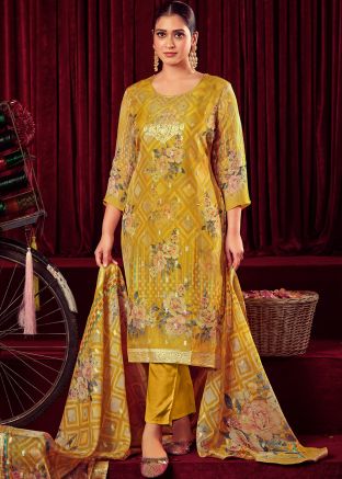 Yellow Digital Printed Organza Pant Suit Set
