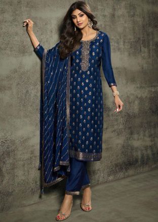 Shilpa Shetty Navy Blue Woven Pant Style Suit