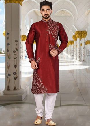 Maroon Embroidered Readymade Kurta Churidar Set