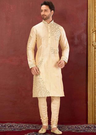 Golden Embroidered Dupion Silk Kurta Churidar Set