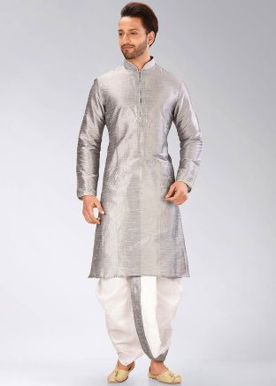Grey Readymade Dupion Silk Kurta With Dhoti