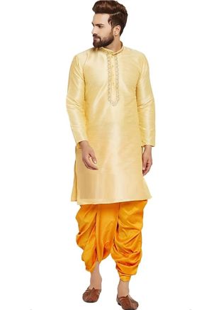 Golden Dupion Silk Readymade Kurta With Dhoti