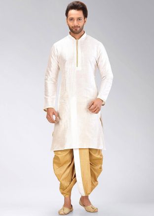 White Dupion Silk Straight Cut Kurta With Dhoti