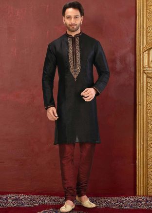 Black Readymade Embroidered Kurta Churidar Set