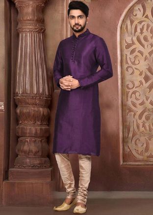 Purple Readymade Dupion Silk Kurta Churidar Set