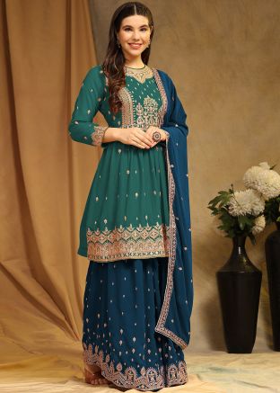 Green Embroidered Flared Sharara Suit Set