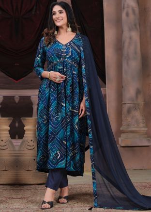 Readymade Shaded Blue Bandhej Print Pant Suit