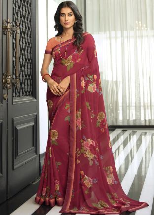 Maroon Georgette Saree In Floral Print 