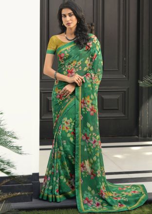 Green Georgette Saree In Floral Print