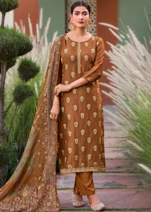 Brown Art Silk Pant Suit Zari Woven Work