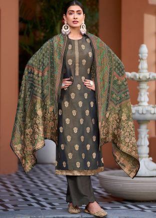 Grey Art Silk Zari Woven Pant Suit Set