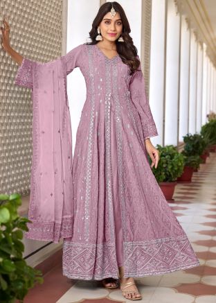 Purple Embroidered Slit Style Suit Set