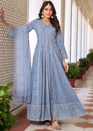 Blue Embroidered Slit Style Suit Set