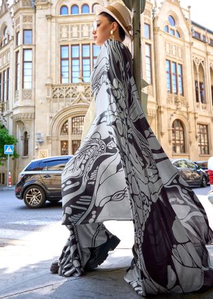 Grey Satin Abstract Printed Saree & Blouse