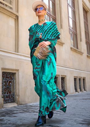 Green Satin Saree In Tie -Dye Print