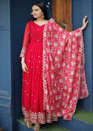 Red Embroidered Georgette Readymade Anarkali Suit