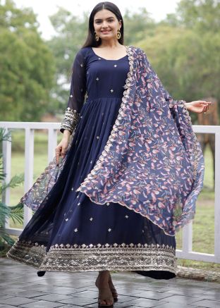 Blue Readymade Georgette Embroidered Anarkali Suit Set