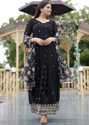 Black Readymade Georgette Embroidered Anarkali Suit