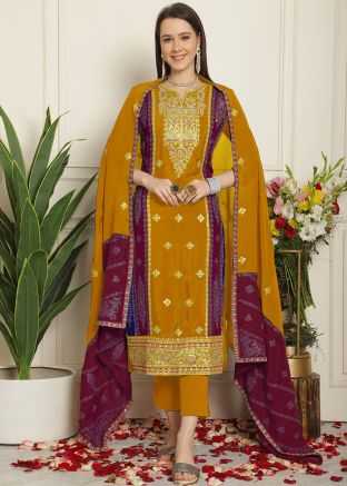 Yellow Embroidered Pant Suit In Chiffon