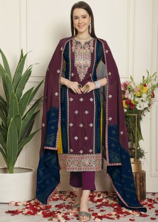 Magenta Embroidered Pant Style Suit