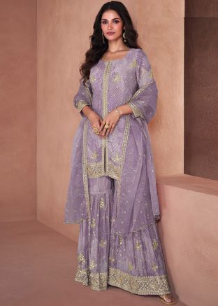Purple Readymade Digital Floral Print Gharara Suit