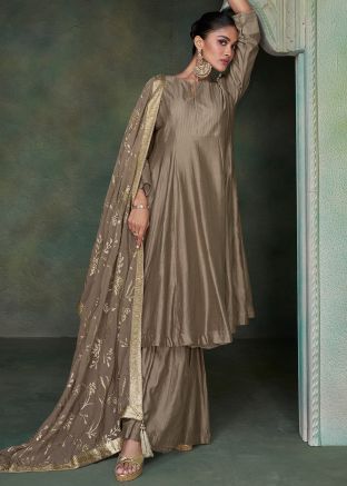 Brown Readymade Silk Sharara Suit In Flared Style