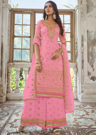Pink Embroidered Palazzo Suit Set