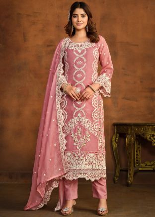 Pink Organza Pant Suit In Thread Embroidery