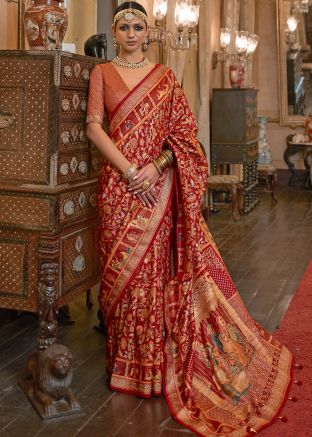 Red Floral Print Patola Silk Saree